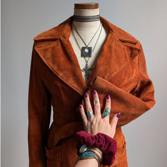 Vintage Orange Brown Suede Jacket Belted Leather Coat Western Rust Red 70s Small - Picture 5 of 10